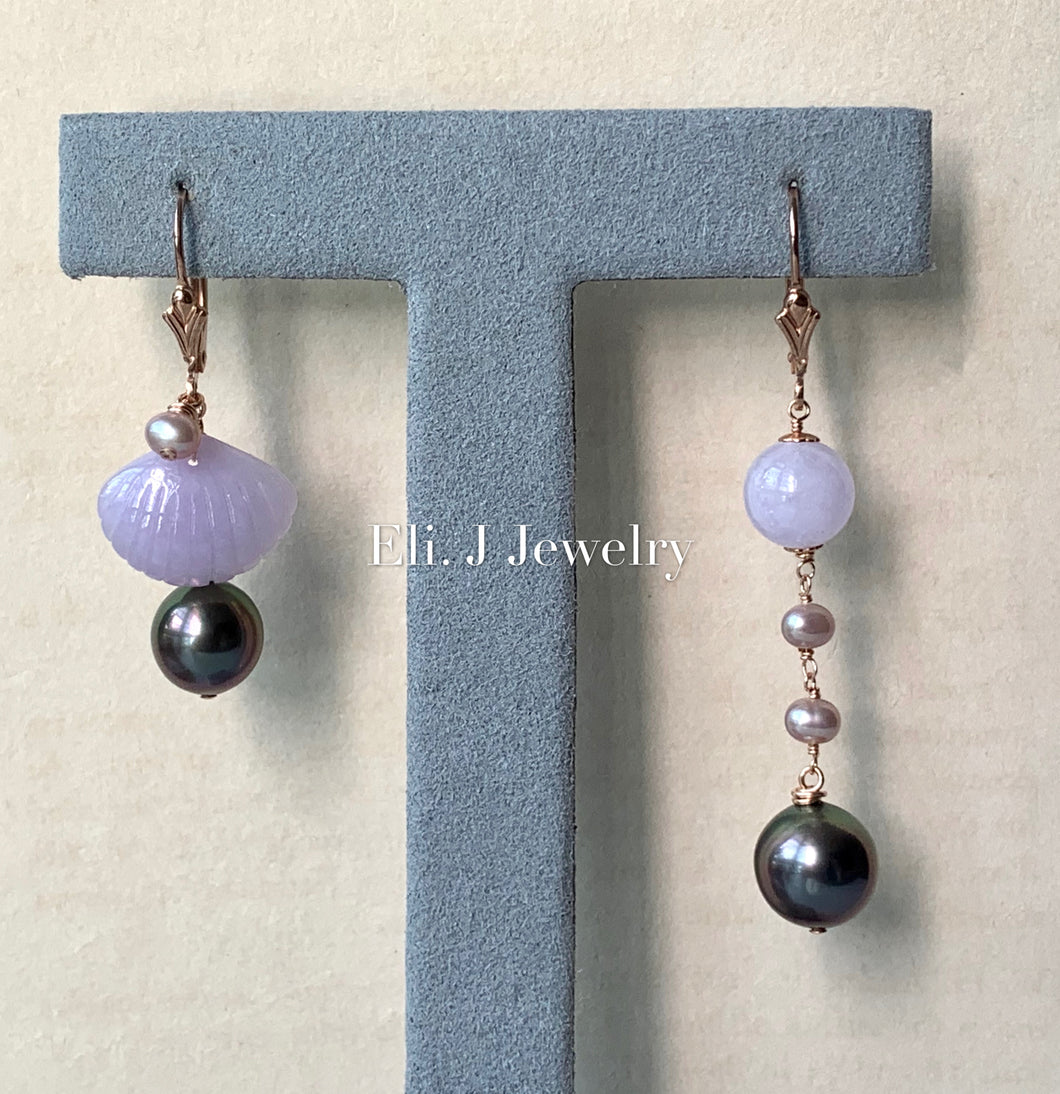 Eli. J Exclusive: Lavender Type A Seashells, AAA Rose Tahitian Pearls 14kRGF Mismatched Earrings