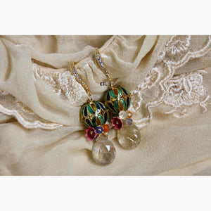 Cloisonne Balls, Vintage Enamel Flowers, Golden Rutile 14kGF Earrings