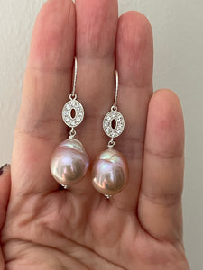 Large Pink-Peach Edison Pearls, Oval 925 Silver Earrings