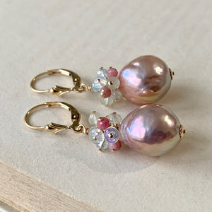 Rainbow Pink Edison Pearls, Gems 14kGF Earrings