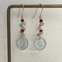 Load image into Gallery viewer, Petite Icy Faint Green Jade Donuts, Garnet, Turquoise Earrings