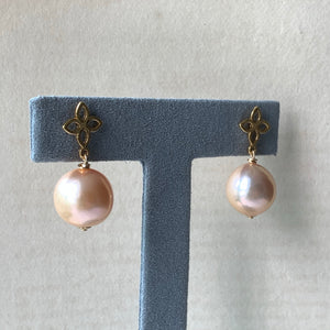 Large Peach Edison Pearls on Fleur de Lis Studs