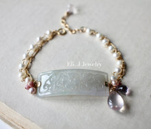 Load image into Gallery viewer, Eli. J Exclusive: Type A Carved Lavender Jadeite, Rose Quart, Pearls Bracelet 14kGF