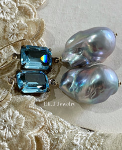 Belle: Vtg Aquamarine Glass Stones, Silver Baroque Pearls Earrings