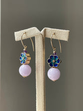 Load image into Gallery viewer, Lavender Jade &amp; Blue Cloisonne Flowers 14kGF Earrings