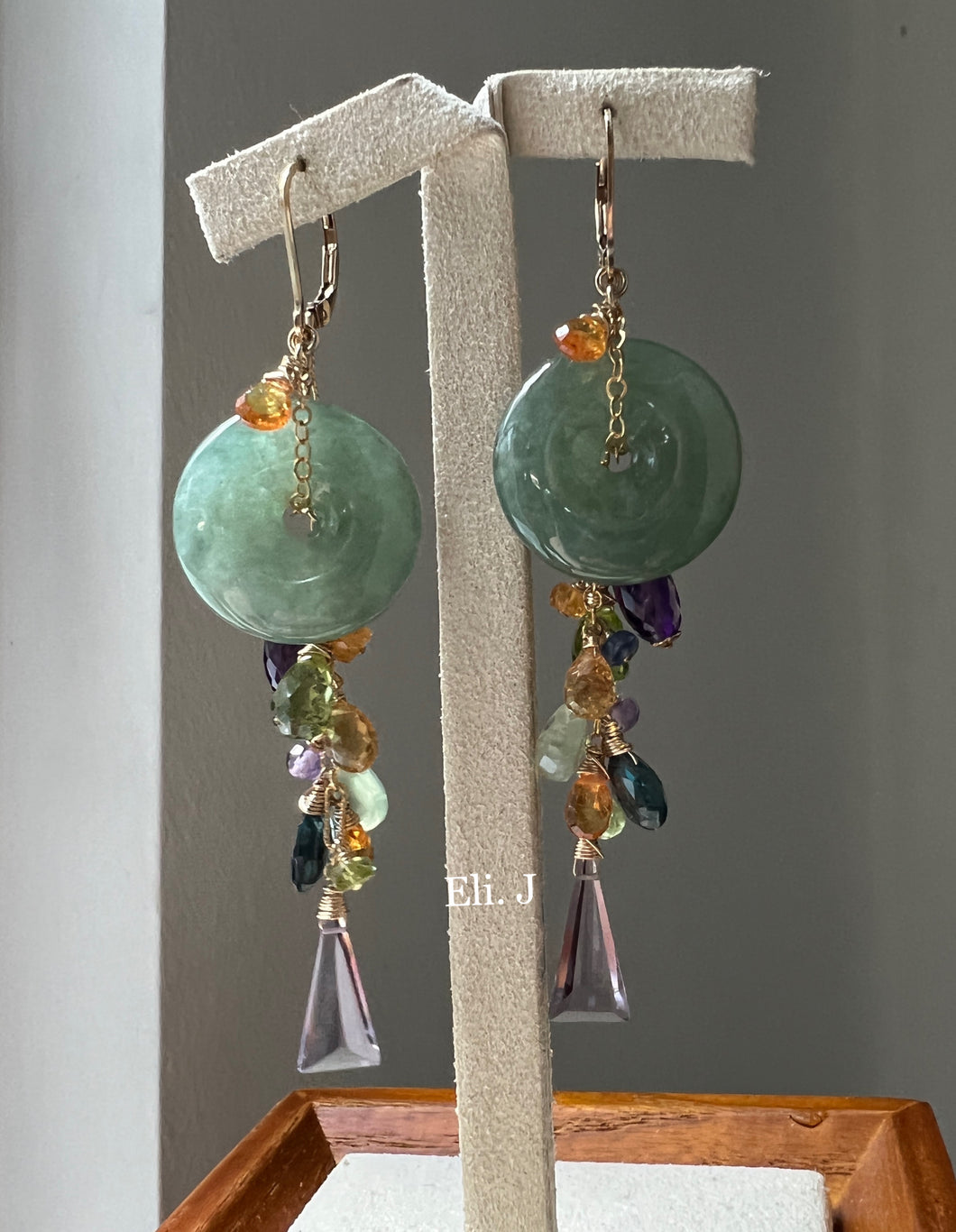 Translucent Large Dark Green Jade Donuts & Gems, Vintage Glass Gems Interchangeable 14kGF Earrings