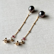 Load image into Gallery viewer, Rose AAA Tahitian Pearls, Pink Tourmaline 14kGF Dangle Earrings