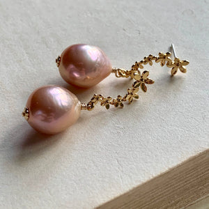 Pink AAA Edison Pearls on Flower Studs