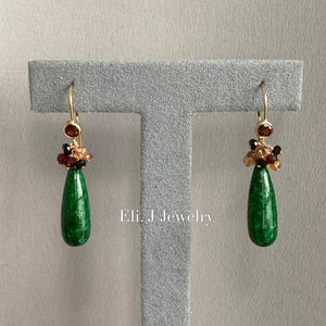 Eli. J Exclusive: Type A Deep Green Jade Drops, Garnet, Spinel & Gems 14kGF Earrings