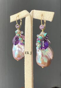 Purple Baroque Pearls, Amethyst, Turquoise 14kGF Earrings