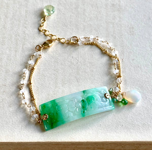 Carved Jade Bar, Rainbow Moonstone, Opal 14kGF Bracelet