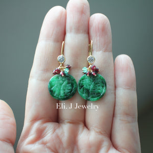 Exclusive: 福 Blessings Type A Dark Green Jade, Rubies, Emerald 14kGF Earrings