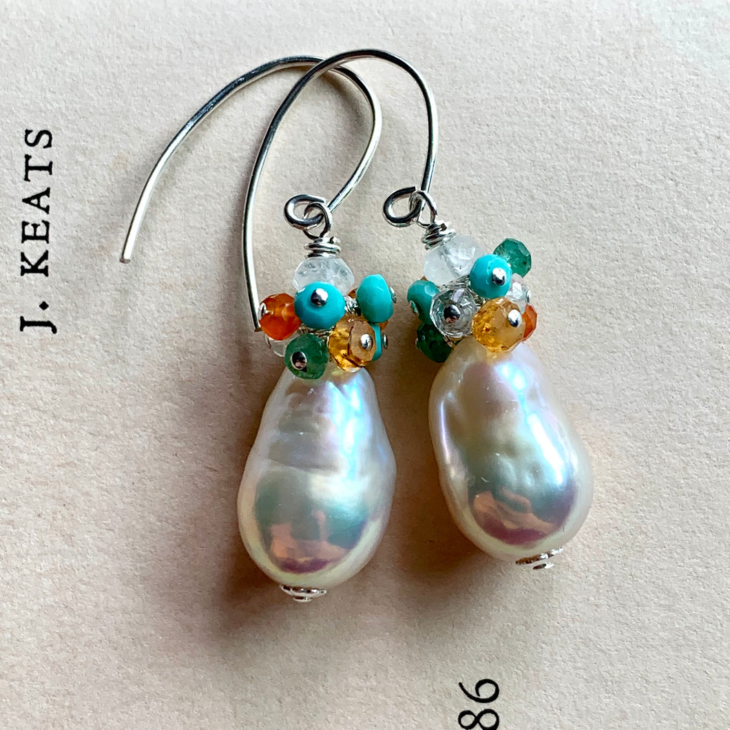 White Pearls, Turquoise, Orange Garnet, Apatite on 925 Silver