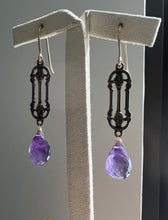 Load image into Gallery viewer, Amethyst, Vintage Brass Frame, 14kGF Earrings