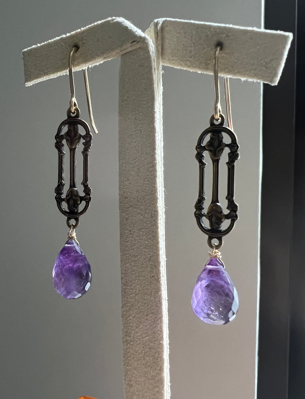Amethyst, Vintage Brass Frame, 14kGF Earrings