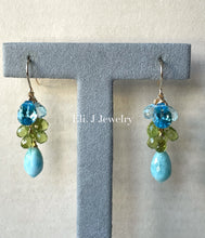 Load image into Gallery viewer, Summer 3: Larimar, Swiss Blue Topaz, Peridot 14kGF Earrings