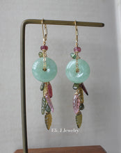 Load image into Gallery viewer, Apple Green Type A Jade Donuts, Tourmaline Leaves 14kGF Earrings
