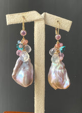 Load image into Gallery viewer, Pink Baroque Pearls, Rainbow Moonstone, Vtg Flowers 14kGF Earrings