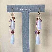 Load image into Gallery viewer, Custom-Cut Lavender Type A Jade Drops, Gemstones, Garnet 14kGF Dangly Earrings