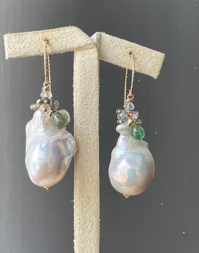 Ivory Baroque Pearls, Green Tourmaline, Aquamarine 14KGF Earrings
