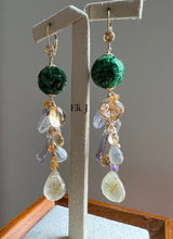 Load image into Gallery viewer, Dark Green Carved Jade Ball, Golden Rutile, Amethyst 14kGF Earrings