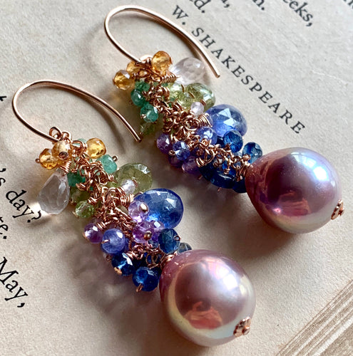 Aurora- Lavender Edison Pearls, Tanzanite, Peridot 14k Gold Filled Earrings