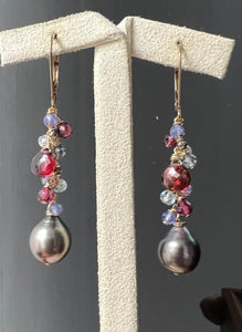 Tahitian Pearls, Garnet, Tanzanite 14kGF Earrings