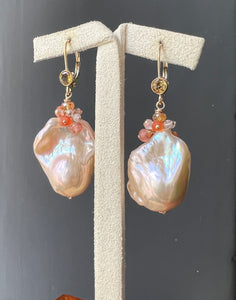Peach Baroque Pearls & Orange Gems 14kGF Earrings