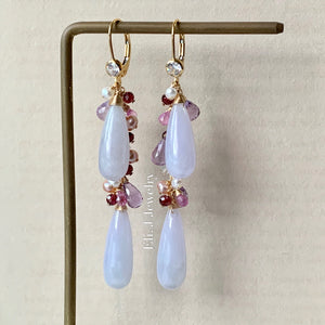 Custom-Cut Lavender Type A Jade Drops, Gemstones, Garnet 14kGF Dangly Earrings