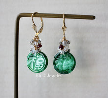 Load image into Gallery viewer, Exclusive: 福 Dark Green Type A Jade, Silver Diamonds, Ruby, Rutile, 14kGF Earrings