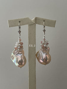 Peach-Gold Baroque Pearls Sunstone Pink Opal 925 Silver Earrings