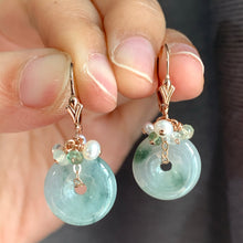Load image into Gallery viewer, Floral Jade Donuts, Pearls, Kyanite on 14kRGF Earrings