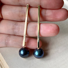 Load image into Gallery viewer, Blue-Lustre Peacock Pearls on Long Gold Bars