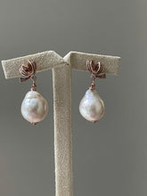 Load image into Gallery viewer, Drop Ivory Pink Pearls on Rose Gold Ribbon Studs