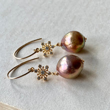 Load image into Gallery viewer, Rainbow Gold Edison Pearls, Snowflakes 14kGF Earrings
