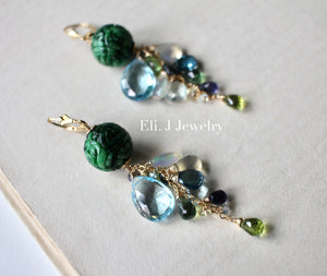 Type A Carved Deep Green Jade Balls & Blue Gemstones 14kGF Earrings