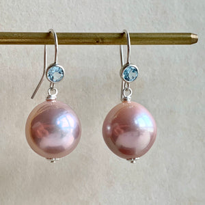 Blush Pink Round Edison Pearls 925 Sky Blue Topaz Hooks