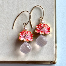 Load image into Gallery viewer, Coral Lotus Cloisonne &amp; Rose Quartz 14kGF Earrings