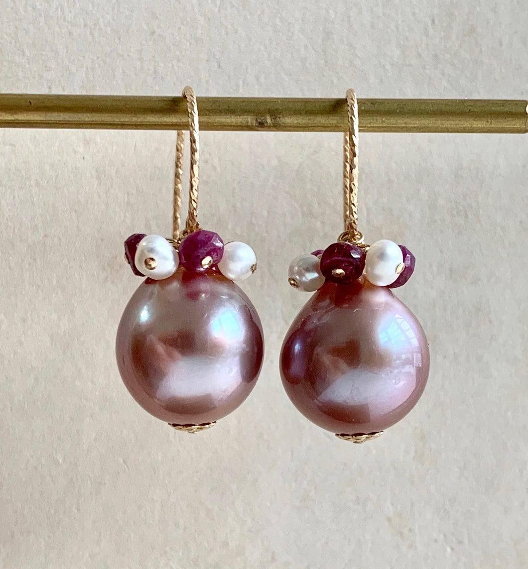 Lilac-Pink Pearls Ruby 14k Gold Filled Earrings