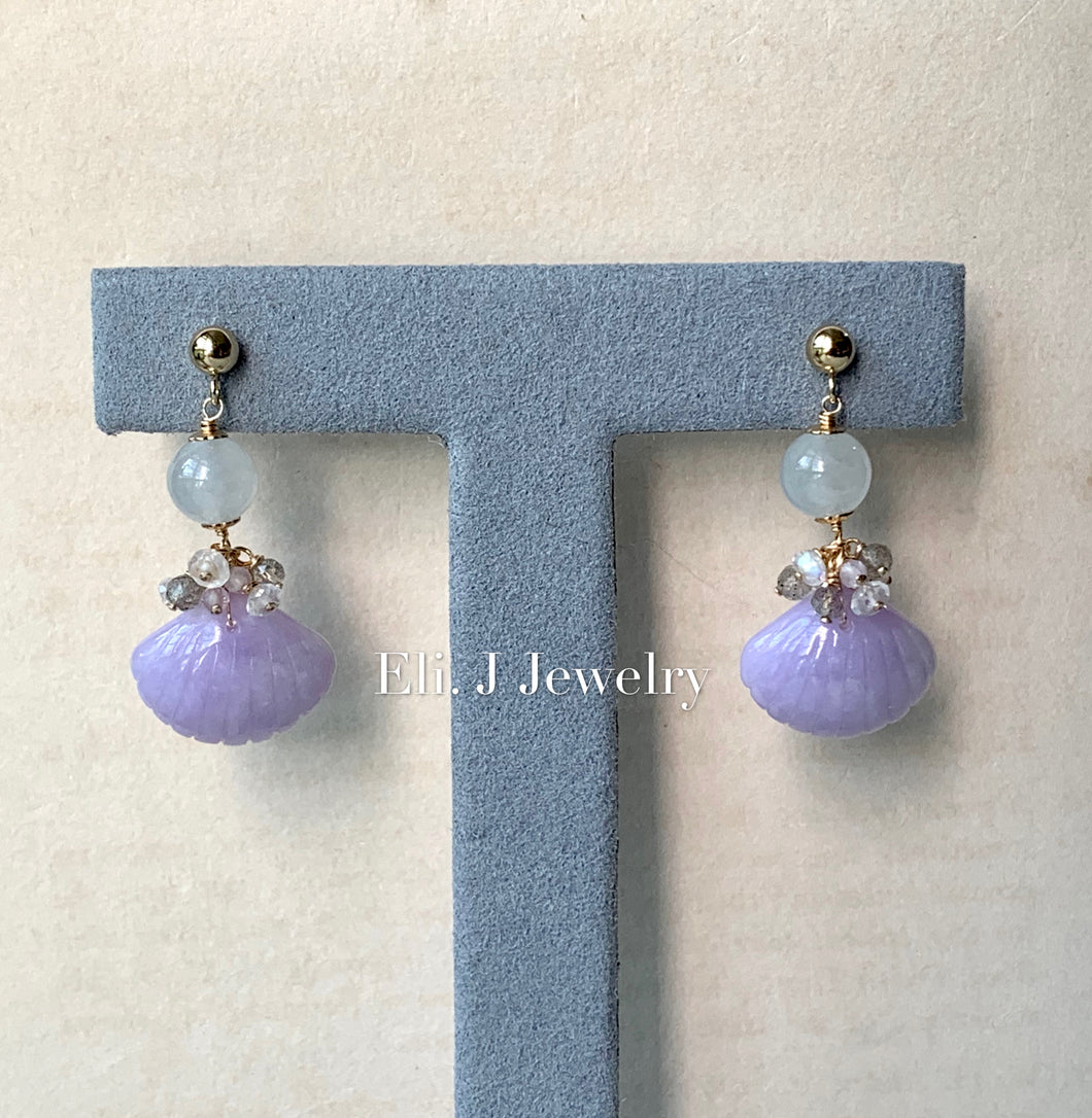 Eli. J Exclusive: Lavender Type A Jade Shells, Icy Jade, Gemstones 14kGF Earrings