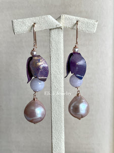 Mary: Lavender Jade, Pink Edison Pearls, Vtg Purple Flower Earrings