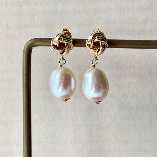White Freshwater Pearls on Knot Studs