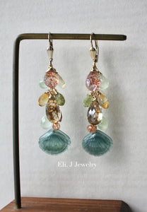 Bluish- Green Jade Seashells & Fresh AAA Gemstones 14kGF Earrings