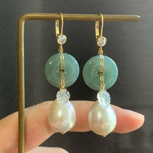 Load image into Gallery viewer, Type A Burmese Green Jade, White Baroque Pearls &amp; Rainbow Moonstone Leaf 14kGF Earringd