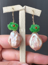 Load image into Gallery viewer, Lana: Large Peach Pearls, Vintage Green Glass Roses 14kGF Earrings