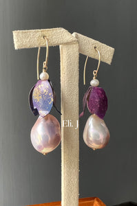 Storybook Fairies: Pink Edison Pearls, Vintage Purple Flowers 14kGF Earrings