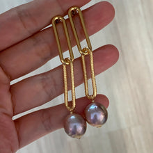 Load image into Gallery viewer, Large Dusty Rainbow Pink Edison Pearls Gold Plated Statement Textured Link Studs