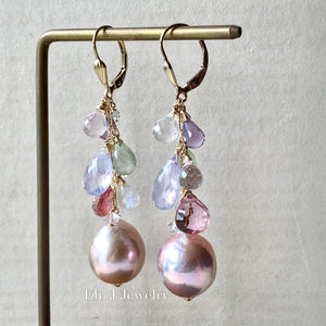 Rainbow Pink Large Edison Pearls, Lavender quartz, Rose Quartz, Pink Topaz 14kGF Earrings