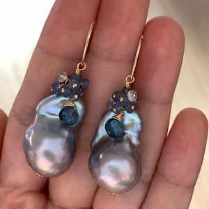 AAA Silver Baroque Pearls London Blue Topaz Tanzanite 14kGF Earrings