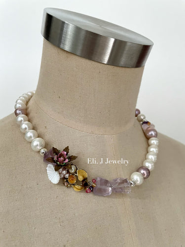 Pearl: Statement Freshwater Pearl, Vintage Flowers & Parts, Pink Amethyst Necklace (One of A Kind)